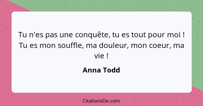 Tu n'es pas une conquête, tu es tout pour moi ! Tu es mon souffle, ma douleur, mon coeur, ma vie !... - Anna Todd