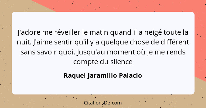 J'adore me réveiller le matin quand il a neigé toute la nuit. J'aime sentir qu'il y a quelque chose de différent sans savoi... - Raquel Jaramillo Palacio