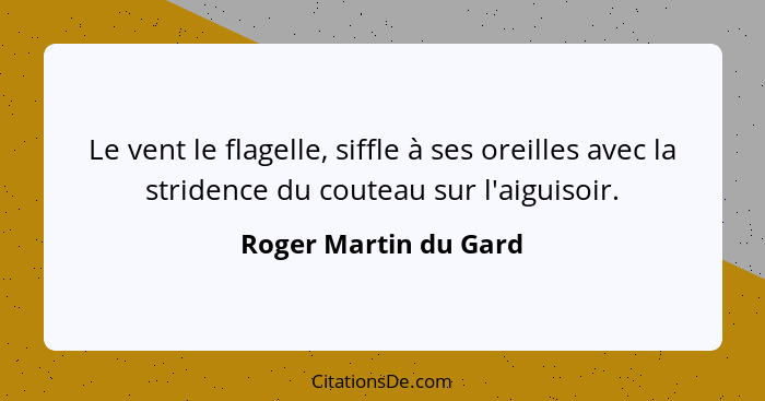 Le vent le flagelle, siffle à ses oreilles avec la stridence du couteau sur l'aiguisoir.... - Roger Martin du Gard