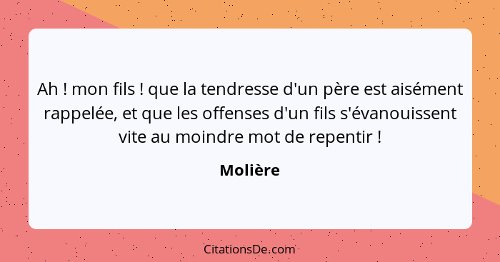 Ah ! mon fils ! que la tendresse d'un père est aisément rappelée, et que les offenses d'un fils s'évanouissent vite au moindre mot... - Molière