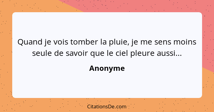 Quand je vois tomber la pluie, je me sens moins seule de savoir que le ciel pleure aussi...... - Anonyme