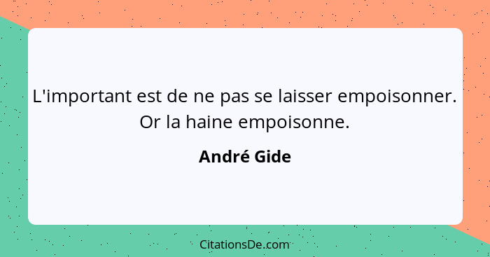 L'important est de ne pas se laisser empoisonner. Or la haine empoisonne.... - André Gide