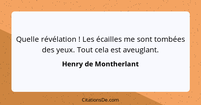 Quelle révélation ! Les écailles me sont tombées des yeux. Tout cela est aveuglant.... - Henry de Montherlant