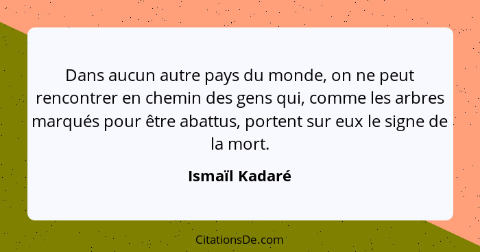 Dans aucun autre pays du monde, on ne peut rencontrer en chemin des gens qui, comme les arbres marqués pour être abattus, portent sur... - Ismaïl Kadaré