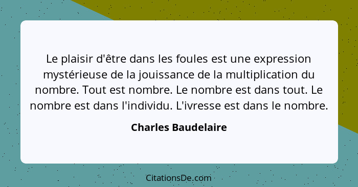 Le plaisir d'être dans les foules est une expression mystérieuse de la jouissance de la multiplication du nombre. Tout est nombre... - Charles Baudelaire