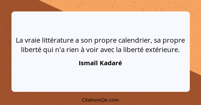 La vraie littérature a son propre calendrier, sa propre liberté qui n'a rien à voir avec la liberté extérieure.... - Ismaïl Kadaré