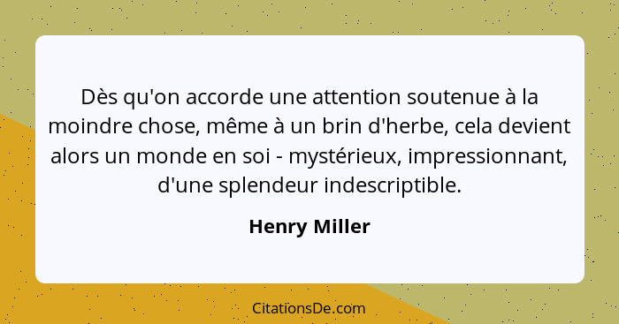 Dès qu'on accorde une attention soutenue à la moindre chose, même à un brin d'herbe, cela devient alors un monde en soi - mystérieux, i... - Henry Miller