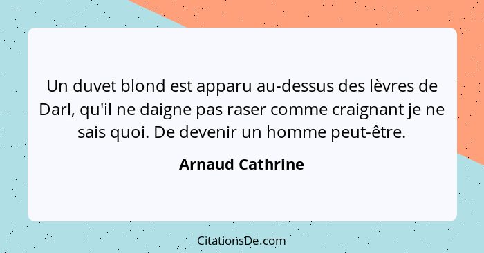 Un duvet blond est apparu au-dessus des lèvres de Darl, qu'il ne daigne pas raser comme craignant je ne sais quoi. De devenir un hom... - Arnaud Cathrine