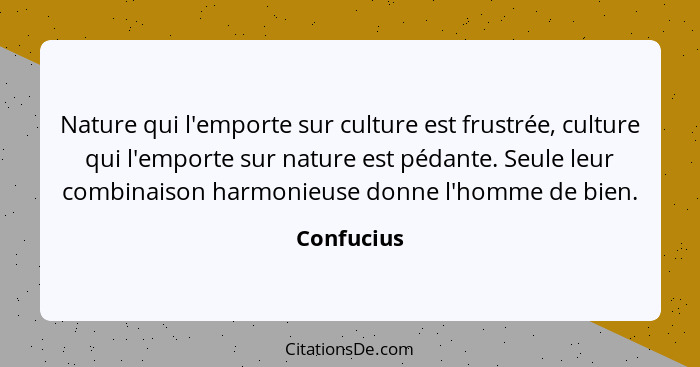 Nature qui l'emporte sur culture est frustrée, culture qui l'emporte sur nature est pédante. Seule leur combinaison harmonieuse donne l'ho... - Confucius