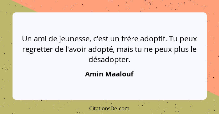 Un ami de jeunesse, c'est un frère adoptif. Tu peux regretter de l'avoir adopté, mais tu ne peux plus le désadopter.... - Amin Maalouf