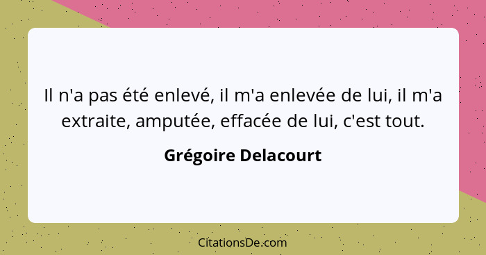 Il n'a pas été enlevé, il m'a enlevée de lui, il m'a extraite, amputée, effacée de lui, c'est tout.... - Grégoire Delacourt