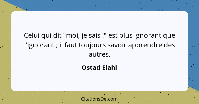 Celui qui dit "moi, je sais !" est plus ignorant que l'ignorant ; il faut toujours savoir apprendre des autres.... - Ostad Elahi