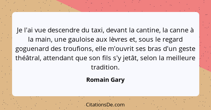 Je l'ai vue descendre du taxi, devant la cantine, la canne à la main, une gauloise aux lèvres et, sous le regard goguenard des troufions... - Romain Gary