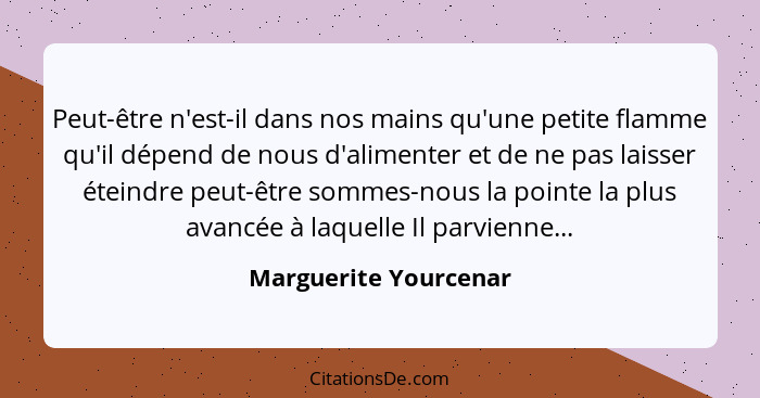 Peut-être n'est-il dans nos mains qu'une petite flamme qu'il dépend de nous d'alimenter et de ne pas laisser éteindre peut-être... - Marguerite Yourcenar