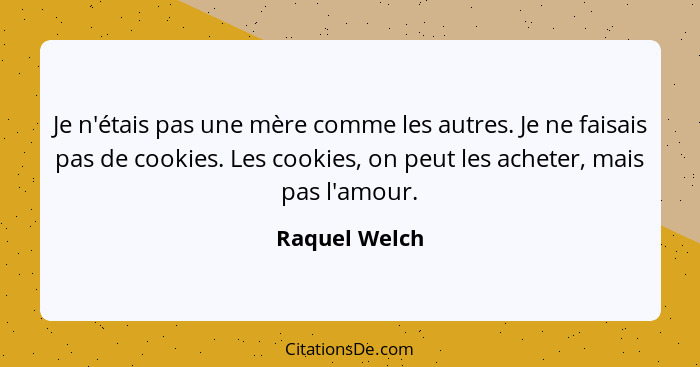 Je n'étais pas une mère comme les autres. Je ne faisais pas de cookies. Les cookies, on peut les acheter, mais pas l'amour.... - Raquel Welch