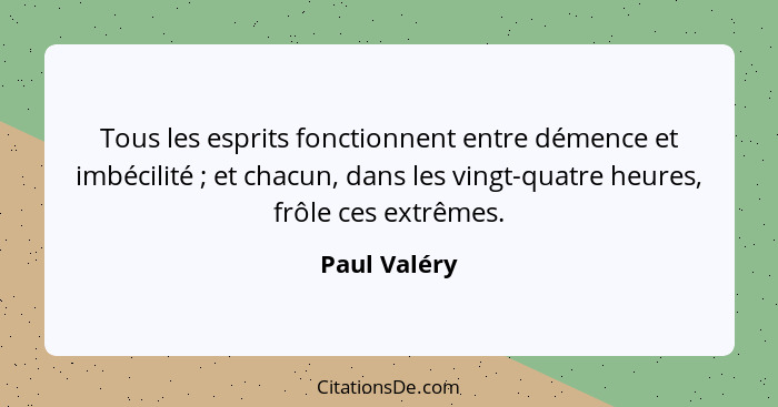 Tous les esprits fonctionnent entre démence et imbécilité ; et chacun, dans les vingt-quatre heures, frôle ces extrêmes.... - Paul Valéry