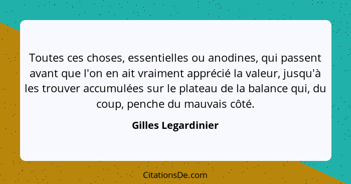 Toutes ces choses, essentielles ou anodines, qui passent avant que l'on en ait vraiment apprécié la valeur, jusqu'à les trouver a... - Gilles Legardinier