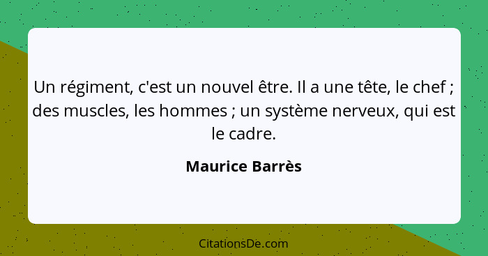 Un régiment, c'est un nouvel être. Il a une tête, le chef ; des muscles, les hommes ; un système nerveux, qui est le cadre.... - Maurice Barrès