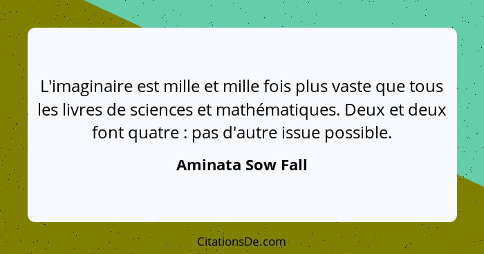 L'imaginaire est mille et mille fois plus vaste que tous les livres de sciences et mathématiques. Deux et deux font quatre : p... - Aminata Sow Fall