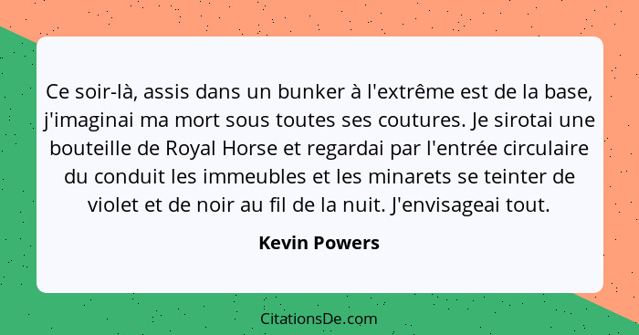 Ce soir-là, assis dans un bunker à l'extrême est de la base, j'imaginai ma mort sous toutes ses coutures. Je sirotai une bouteille de R... - Kevin Powers