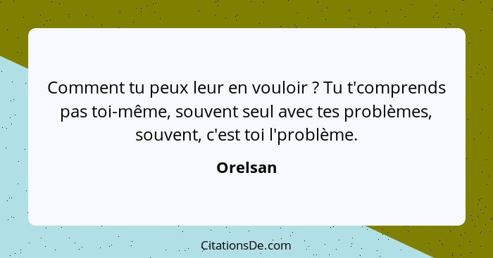 Comment tu peux leur en vouloir ? Tu t'comprends pas toi-même, souvent seul avec tes problèmes, souvent, c'est toi l'problème.... - Orelsan