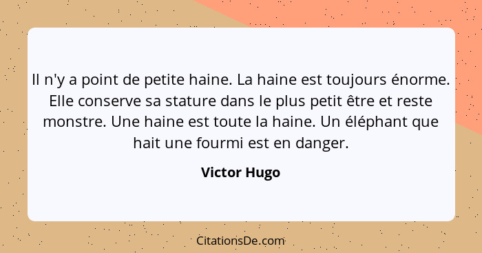 Il n'y a point de petite haine. La haine est toujours énorme. Elle conserve sa stature dans le plus petit être et reste monstre. Une hai... - Victor Hugo