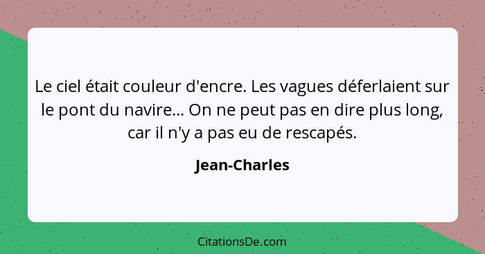 Le ciel était couleur d'encre. Les vagues déferlaient sur le pont du navire... On ne peut pas en dire plus long, car il n'y a pas eu de... - Jean-Charles