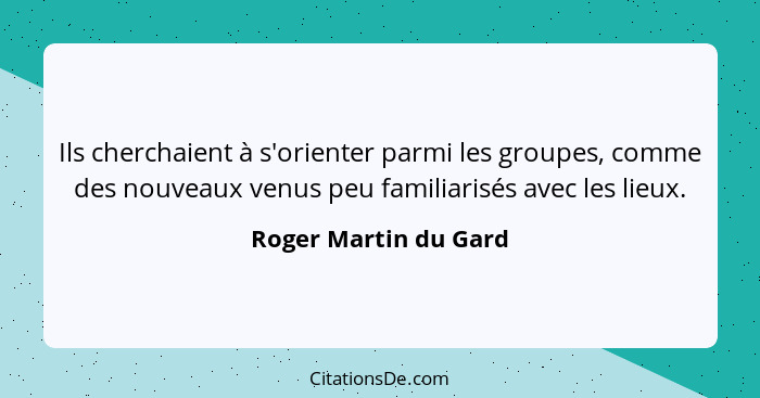 Ils cherchaient à s'orienter parmi les groupes, comme des nouveaux venus peu familiarisés avec les lieux.... - Roger Martin du Gard