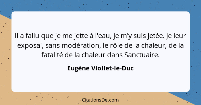 Il a fallu que je me jette à l'eau, je m'y suis jetée. Je leur exposai, sans modération, le rôle de la chaleur, de la fatalité... - Eugène Viollet-le-Duc