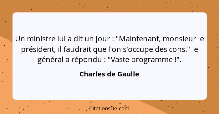 Un ministre lui a dit un jour : "Maintenant, monsieur le président, il faudrait que l'on s'occupe des cons." le général a rép... - Charles de Gaulle