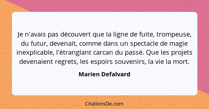 Je n'avais pas découvert que la ligne de fuite, trompeuse, du futur, devenait, comme dans un spectacle de magie inexplicable, l'étr... - Marien Defalvard