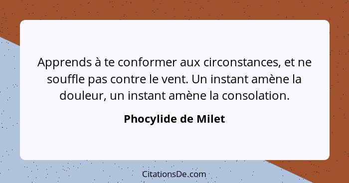 Apprends à te conformer aux circonstances, et ne souffle pas contre le vent. Un instant amène la douleur, un instant amène la con... - Phocylide de Milet