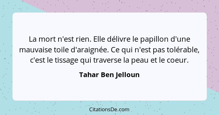 La mort n'est rien. Elle délivre le papillon d'une mauvaise toile d'araignée. Ce qui n'est pas tolérable, c'est le tissage qui tra... - Tahar Ben Jelloun