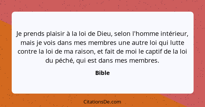 Je prends plaisir à la loi de Dieu, selon l'homme intérieur, mais je vois dans mes membres une autre loi qui lutte contre la loi de ma raison,... - Bible