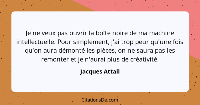 Je ne veux pas ouvrir la boîte noire de ma machine intellectuelle. Pour simplement, j'ai trop peur qu'une fois qu'on aura démonté les... - Jacques Attali