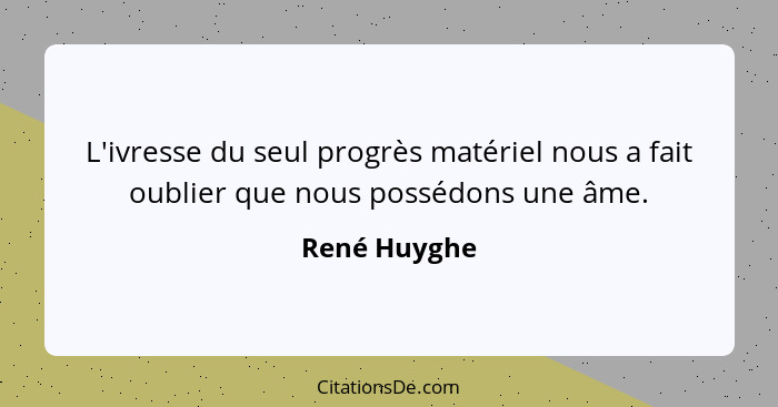 L'ivresse du seul progrès matériel nous a fait oublier que nous possédons une âme.... - René Huyghe