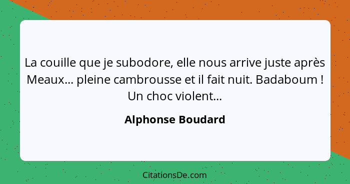 La couille que je subodore, elle nous arrive juste après Meaux... pleine cambrousse et il fait nuit. Badaboum ! Un choc violen... - Alphonse Boudard