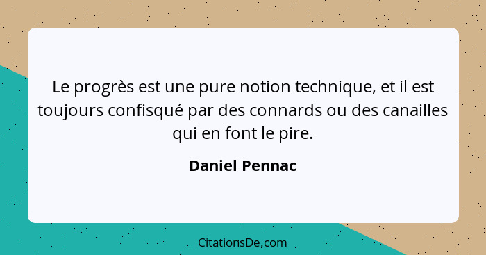 Le progrès est une pure notion technique, et il est toujours confisqué par des connards ou des canailles qui en font le pire.... - Daniel Pennac