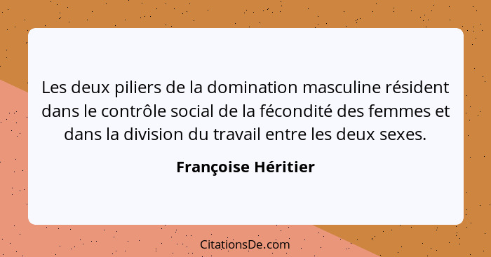 Les deux piliers de la domination masculine résident dans le contrôle social de la fécondité des femmes et dans la division du tr... - Françoise Héritier