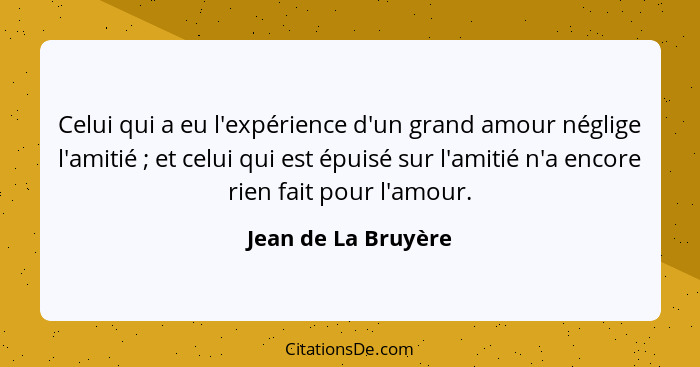 Celui qui a eu l'expérience d'un grand amour néglige l'amitié ; et celui qui est épuisé sur l'amitié n'a encore rien fait po... - Jean de La Bruyère