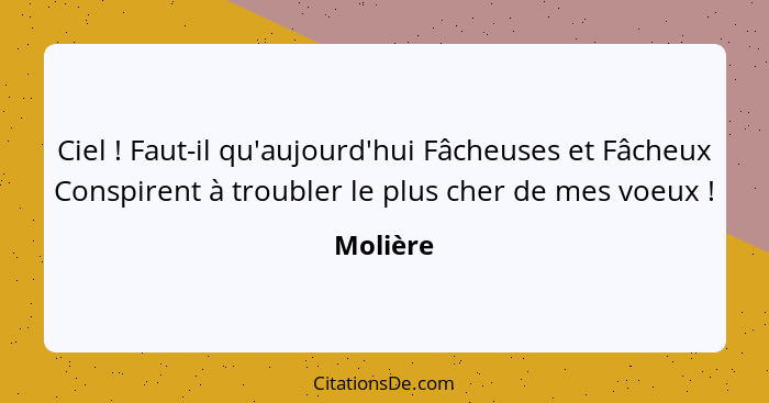 Ciel ! Faut-il qu'aujourd'hui Fâcheuses et Fâcheux Conspirent à troubler le plus cher de mes voeux !... - Molière