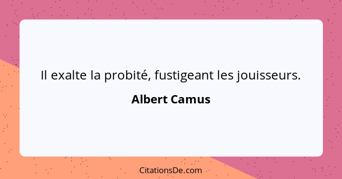 Il exalte la probité, fustigeant les jouisseurs.... - Albert Camus