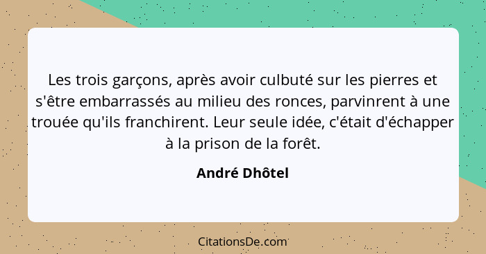 Les trois garçons, après avoir culbuté sur les pierres et s'être embarrassés au milieu des ronces, parvinrent à une trouée qu'ils franc... - André Dhôtel