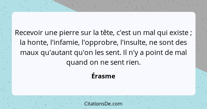 Recevoir une pierre sur la tête, c'est un mal qui existe ; la honte, l'infamie, l'opprobre, l'insulte, ne sont des maux qu'autant qu'on... - Érasme