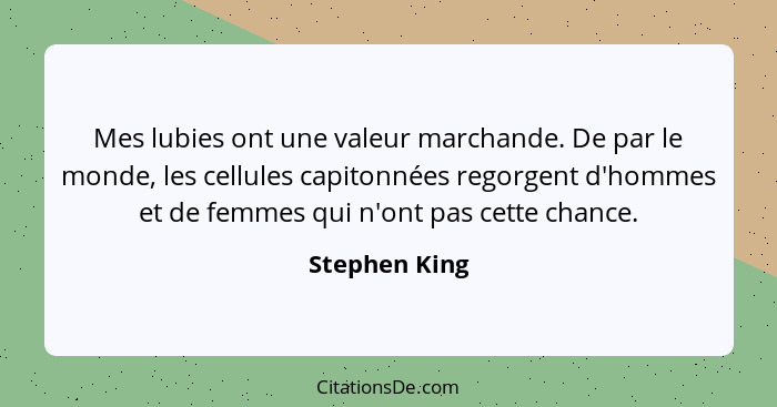 Mes lubies ont une valeur marchande. De par le monde, les cellules capitonnées regorgent d'hommes et de femmes qui n'ont pas cette chan... - Stephen King