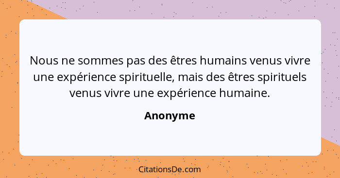 Nous ne sommes pas des êtres humains venus vivre une expérience spirituelle, mais des êtres spirituels venus vivre une expérience humaine.... - Anonyme