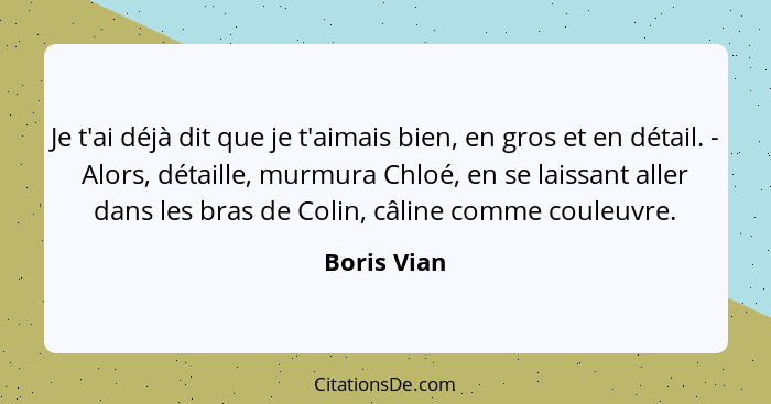 Je t'ai déjà dit que je t'aimais bien, en gros et en détail. - Alors, détaille, murmura Chloé, en se laissant aller dans les bras de Coli... - Boris Vian