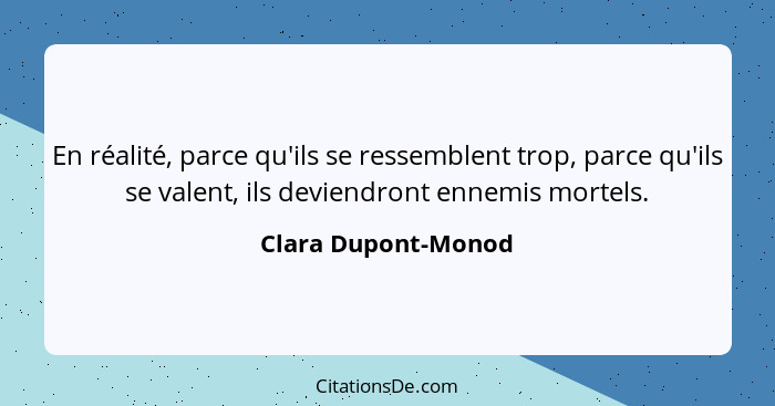 En réalité, parce qu'ils se ressemblent trop, parce qu'ils se valent, ils deviendront ennemis mortels.... - Clara Dupont-Monod