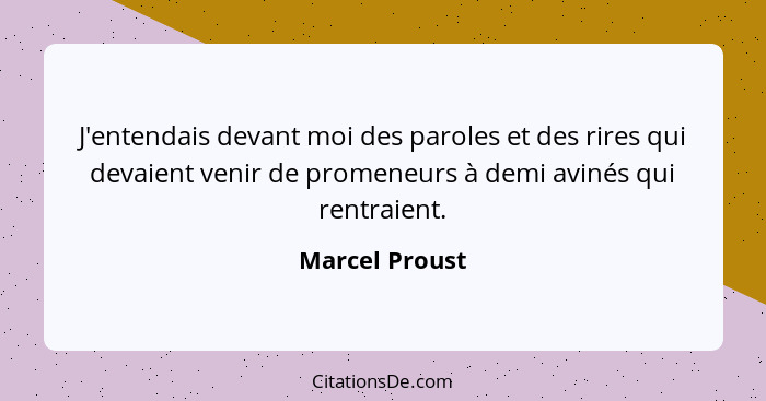 J'entendais devant moi des paroles et des rires qui devaient venir de promeneurs à demi avinés qui rentraient.... - Marcel Proust