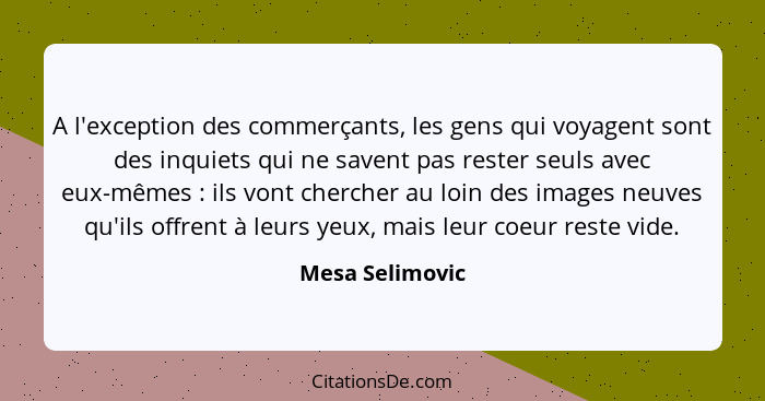 A l'exception des commerçants, les gens qui voyagent sont des inquiets qui ne savent pas rester seuls avec eux-mêmes : ils vont... - Mesa Selimovic